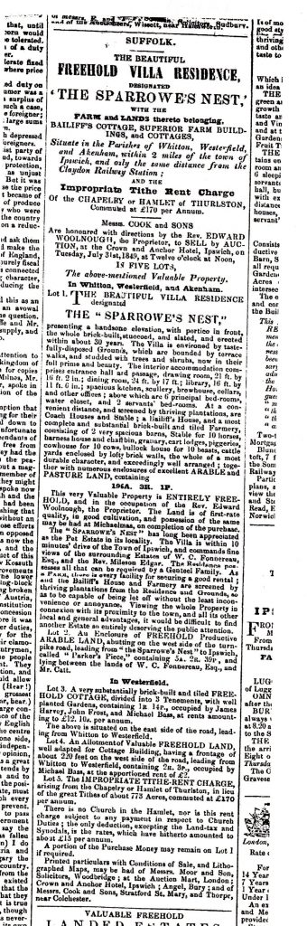 The Essex Standard of 20 July 1849 has an advertisement for the sale of Sparrowe’s Nest